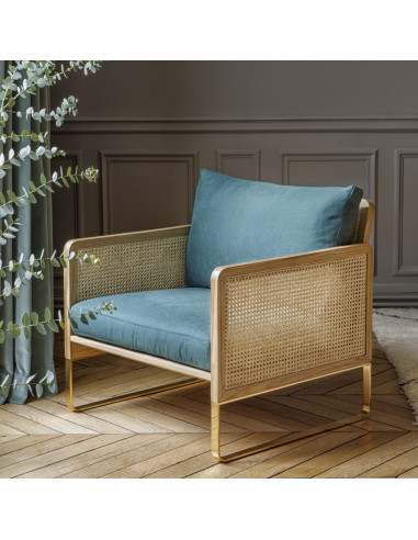 FAUTEUIL CANNAGE CHÊNE CLAIR - COL.BLEU CLAIR CHINÉ